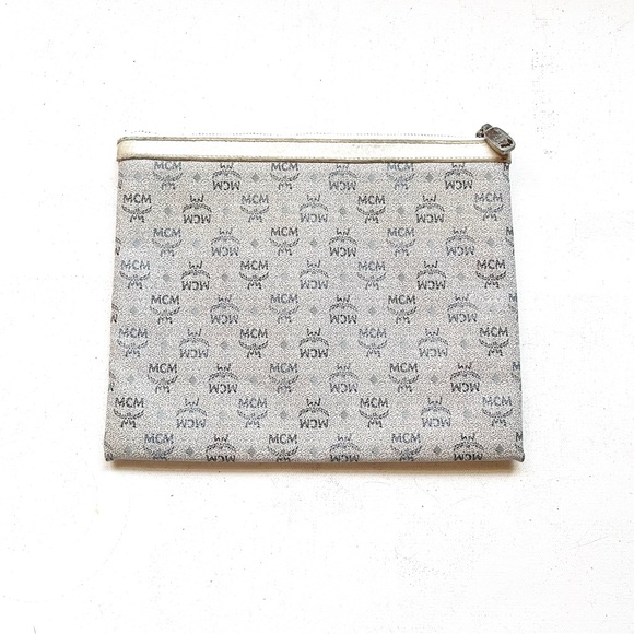 MCM Handbags - MCM Small Zipper Clutch Pouch in Visetos Canvas White Gray Silver
